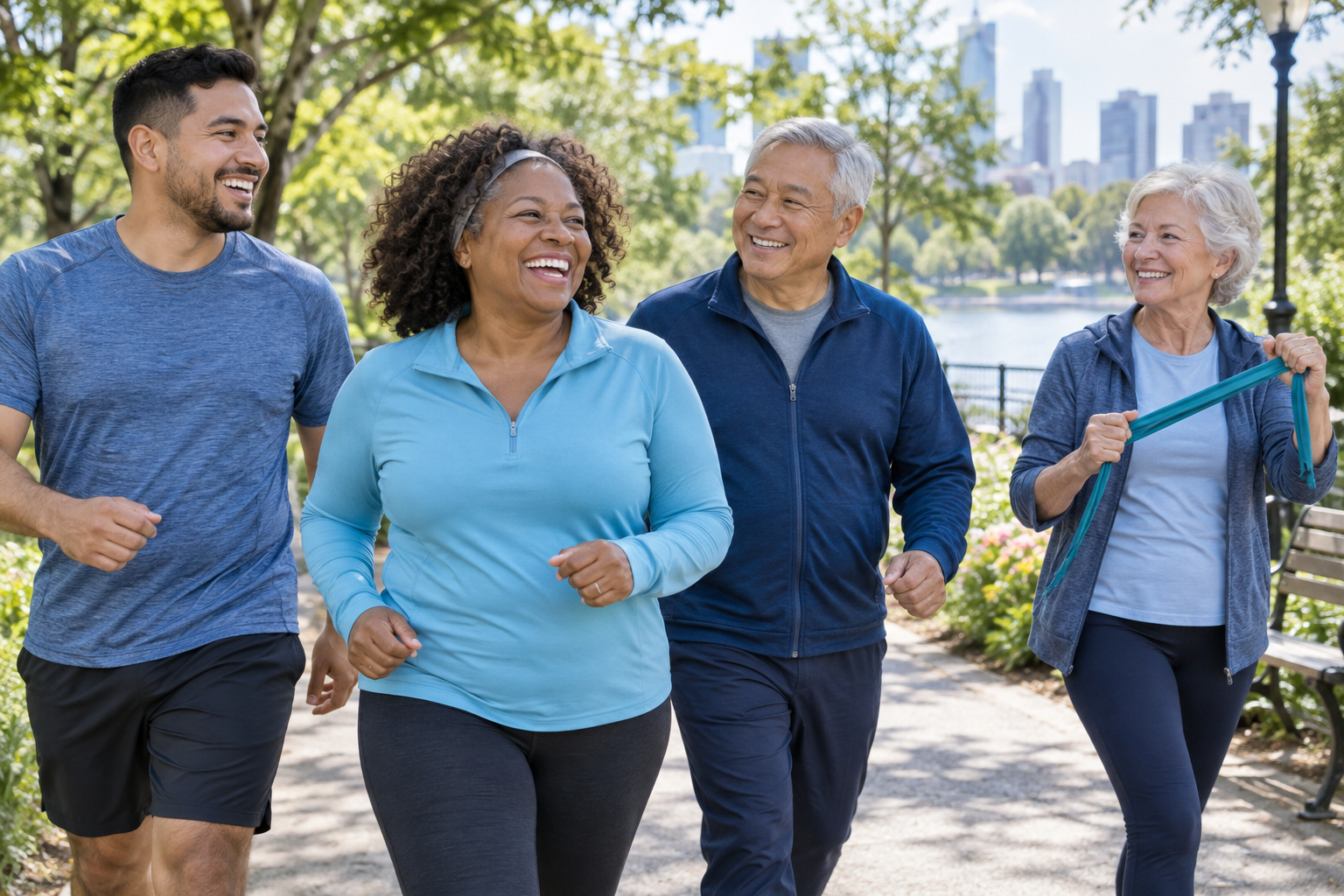 Adults of different ages and backgrounds walking together in a park