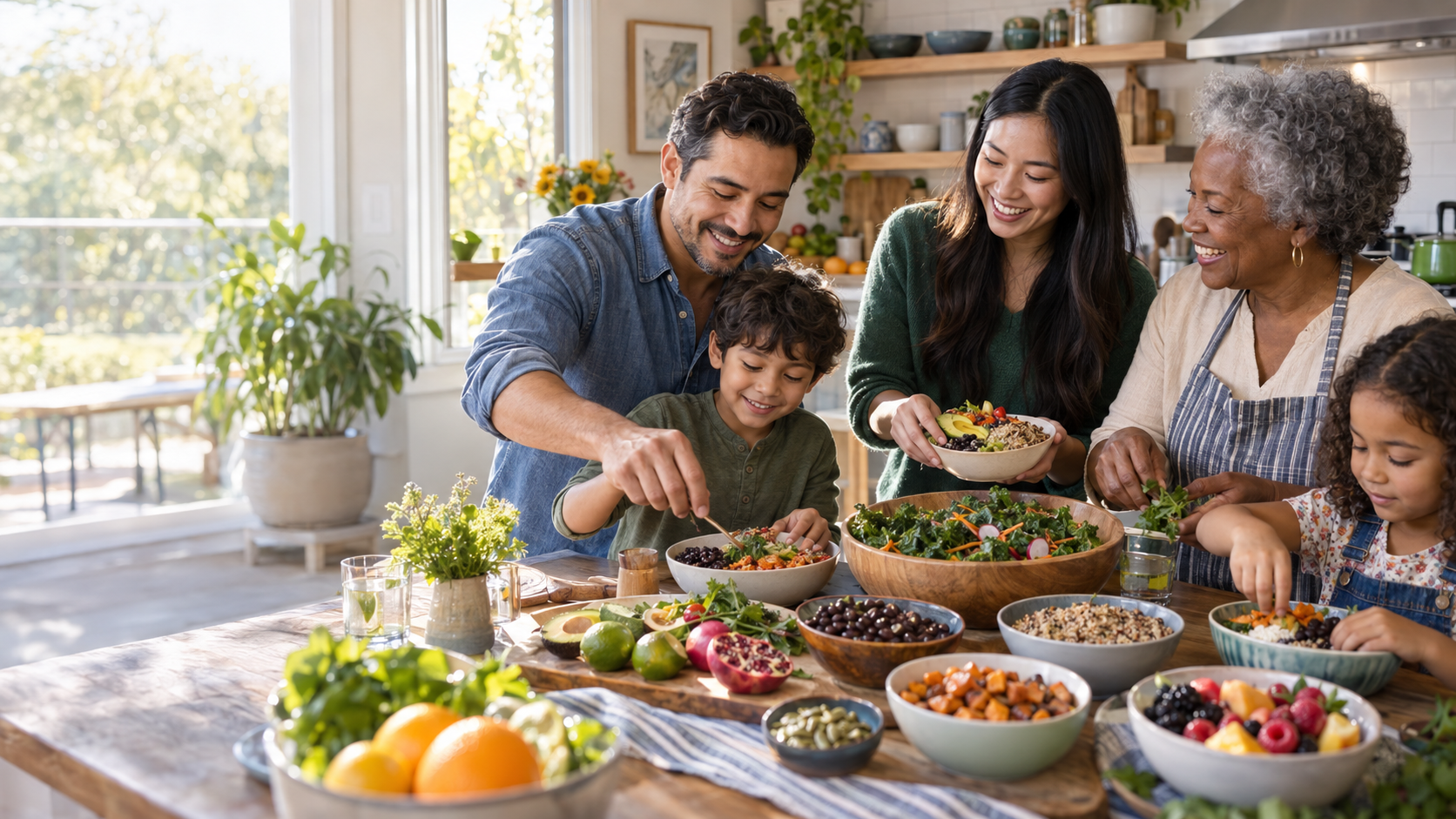 Family preparing a colorful, fiber-rich meal